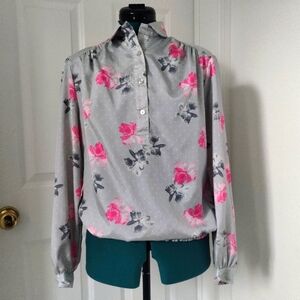 Whacky 'lil floral collared button up shirt, polka dot, satin, elastic waist, M